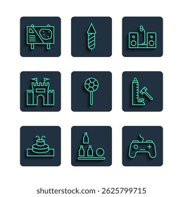 Set line Fountain, Bottles ball, Gamepad, Home stereo with two speakers, Lollipop, Castle, Amusement park billboard and Striker attraction hammer icon. Vector