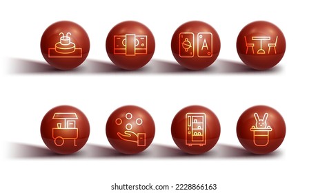 Set line Fountain, Fast street food cart, Picnic table with chairs, Vending machine, Juggling ball, Stacks paper money cash, Magician hat and rabbit and Tarot cards icon. Vector