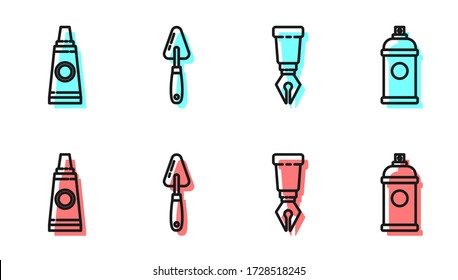 Set line Fountain pen nib, Tube with paint palette, Palette knife and Paint spray can icon. Vector