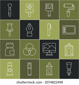 Set line Fountain pen nib, Picture, Graphic tablet, Paint brush, Push pin,  and Pen icon. Vector