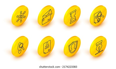 Set line Fountain pen nib, User protection, Identification badge, Magnifying glass with footsteps, Document search, Old hourglass, Envelope and Hexagram sheriff icon. Vector