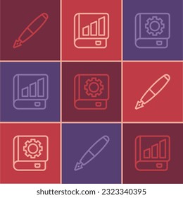 Set line Fountain pen nib, User manual and Financial book icon. Vector