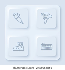 Set line Fountain pen nib, Retro cinema camera, Sport sneakers and Music synthesizer. White square button. Vector