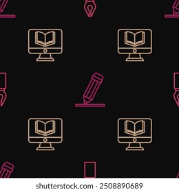 Set line Fountain pen nib, Online class and Pencil with eraser on seamless pattern. Vector
