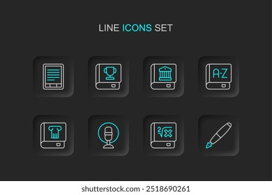 Definir linha Fonte caneta nib, Livro com matemática, Microfone, Livro de história, Tradutor, Lei, e E-Book leitor ícone. Vetor