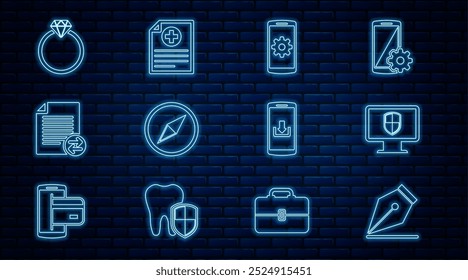 Set line Fountain pen nib, Monitor and shield, Setting smartphone, Wind rose, Transfer files, Diamond engagement ring, Smartphone with download and Clinical record icon. Vector