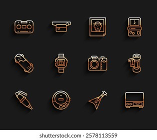 Set line Fountain pen nib, Music CD player, Retro audio cassette tape, Electric bass guitar, Old video, Wrist watch, Camera roll cartridge and Photo camera icon. Vector