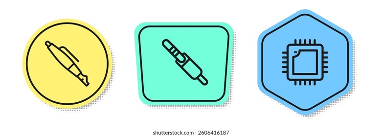 Set line Fountain pen nib, Audio jack and Processor with CPU. Colored shapes. Vector