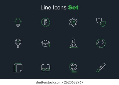 Set line Fountain pen nib, Earth globe, Glasses, File document, Test tube, Graduation cap and Unknown search icon. Vector