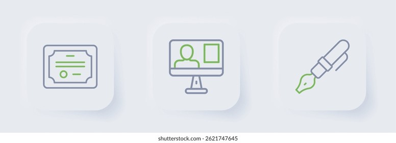 Set line Fountain pen nib, Online class and Certificate template icon. Vector