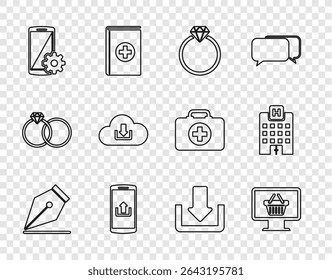 Set line Fountain pen nib, Monitor with shopping basket, Diamond engagement ring, Smartphone upload, Setting smartphone, Cloud download, Download and Medical hospital building icon. Vector