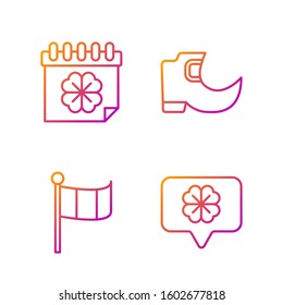 Set line Four leaf clover in speech bubble, National Ireland flag, Saint Patricks day with calendar and Tradition leprechaun boots. Gradient color icons. Vector