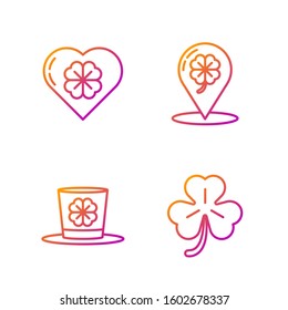 Set line Four leaf clover, Leprechaun hat and four leaf clover, Heart with four leaf clover and Location and four leaf clover. Gradient color icons. Vector