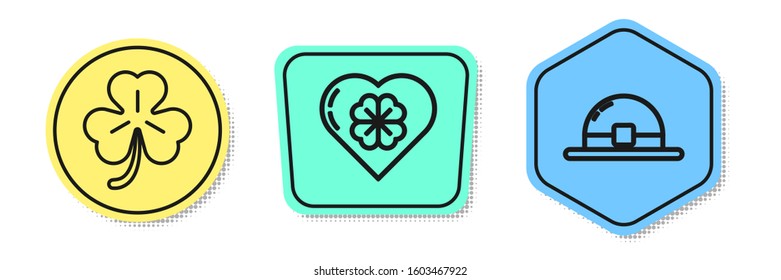 Set line Four leaf clover, Heart with four leaf clover and Leprechaun hat. Colored shapes. Vector