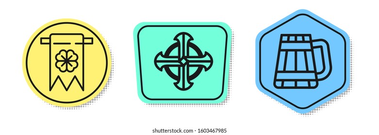 Set line Four leaf clover and party pennant, Celtic cross and Wooden beer mug. Colored shapes. Vector