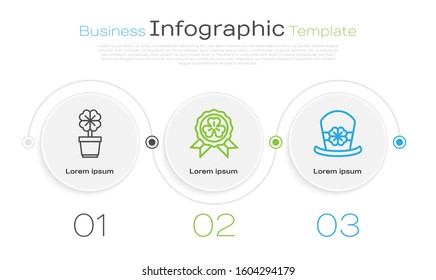 Set line Four leaf clover in pot, Medal with four leaf clover and Leprechaun hat and four leaf clover. Business infographic template. Vector