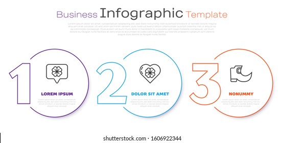 Set line Four leaf clover in speech bubble, Heart with four leaf clover and Tradition leprechaun boots. Business infographic template. Vector