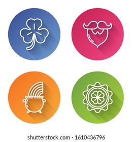 Set line Four leaf clover, Mustache and beard, Witch cauldron and rainbow and Bottle cap with four leaf clover. Color circle button. Vector