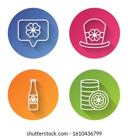 Set line Four leaf clover in speech bubble, Leprechaun hat and four leaf clover, Beer bottle with four leaf clover and Gold coin with four leaf clover. Color circle button. Vector