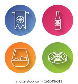 Set line Four leaf clover and party pennant, Beer bottle with four leaf clover, Glass of whiskey and Gold coin with four leaf clover. Color circle button. Vector