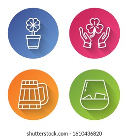 Set line Four leaf clover in pot, Human hands holding four leaf clover, Wooden beer mug and Glass of whiskey. Color circle button. Vector
