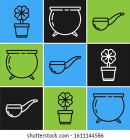 Set line Four leaf clover in pot, Smoking pipe and Witch cauldron icon. Vector