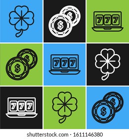 Set line Four leaf clover, Online slot machine with lucky sevens jackpot and Casino chip with dollar icon. Vector
