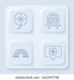 Set line Four leaf clover, Medal with four leaf clover, Rainbow and Four leaf clover in speech bubble. White square button. Vector
