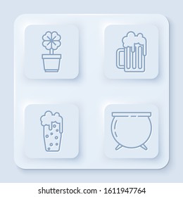 Set line Four leaf clover in pot, Wooden beer mug, Glass of beer and Witch cauldron. White square button. Vector