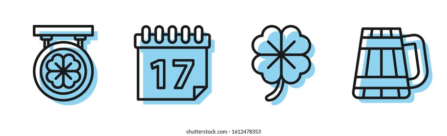 Set line Four leaf clover, Street signboard with four leaf clover, Saint Patrick's day with calendar and Wooden beer mug icon. Vector