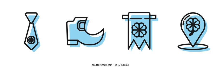 Set line Four leaf clover and party pennant, Tie with four leaf clover, Tradition leprechaun boots and Location and four leaf clover icon. Vector