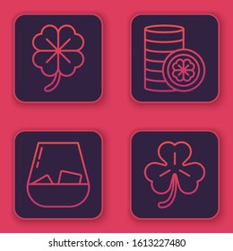 Set line Four leaf clover, Glass of whiskey, Gold coin with four leaf clover and Four leaf clover. Blue square button. Vector