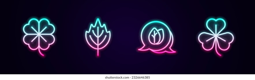 Set line Four leaf clover, Leaf,  and Clover. Glowing neon icon. Vector