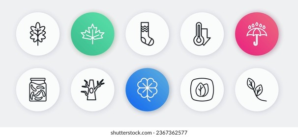 Set line Four leaf clover, Umbrella and rain drops, Pickled cucumbers jar, Leaf, Thermometer, Socks,  and Bare tree icon. Vector