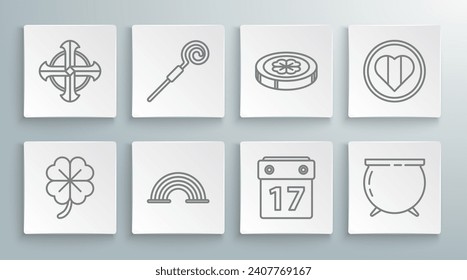 Set line Four leaf clover, Walking stick, Rainbow, Saint Patrick's day with calendar, Witch cauldron, Gold coin four, Heart and Happy and Celtic cross icon. Vector