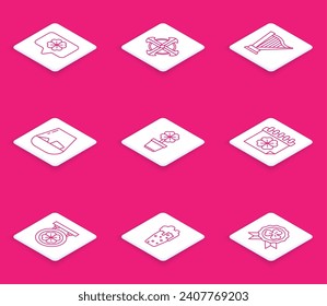 Set line Four leaf clover in speech bubble, Celtic cross, Harp, Glass of whiskey, pot, Saint Patricks day with calendar, Street signboard four and beer icon. Vector