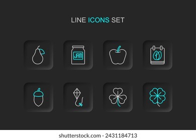 Set line Four leaf clover, Clover, Kite, Acorn, Calendar with autumn leaves, Apple, Jam jar and Pear icon. Vector