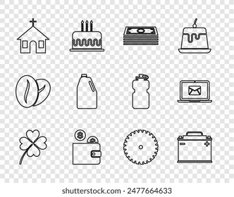 Set line Four leaf clover, Car battery, Stacks paper money cash, Wallet with coin, Church building, Household chemicals bottle, Circular saw blade and Laptop envelope icon. Vector