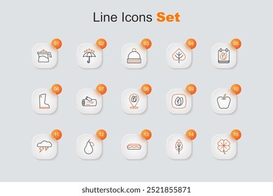 Set line Four leaf clover, Leaf, Homemade pie, Pear, Cloud and lightning, Apple,  and Location with icon. Vector