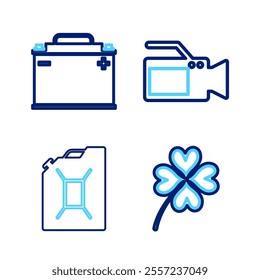 Set line Four leaf clover, Canister for gasoline, Cinema camera and Car battery icon. Vector