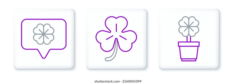 Set line Four leaf clover in pot, speech bubble and  icon. Vector