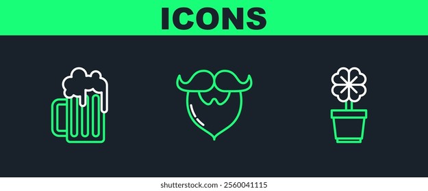 Set line Four leaf clover in pot, Wooden beer mug and Mustache and beard icon. Vector