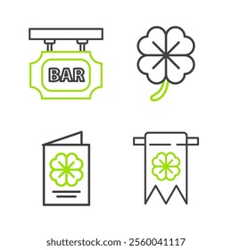 Set line Four leaf clover and party pennant, Saint Patricks Day flyer, brochure, postcard,  and Street signboard with inscription Bar icon. Vector