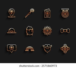 Set line Four leaf clover in speech bubble, Rainbow, Location and four, Mustache beard, Celtic cross, Witch cauldron, Bow tie and Bottle cap with icon. Vector