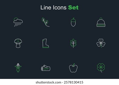 Set line Four leaf clover, Apple, Wooden log, Corn, Clover, Leaf, Waterproof rubber boot and Mushroom icon. Vector