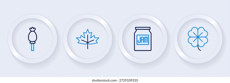 Trébol de cuatro hojas, tarro de mermelada, arce canadiense e icono de amapola de opio. Vector