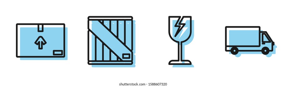 Set line Fragile broken glass symbol, Cardboard box with traffic symbol , Wooden box  and Delivery cargo truck vehicle  icon. Vector