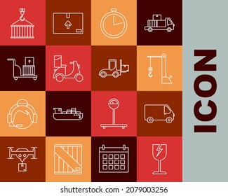 Set line Fragile broken glass symbol, Delivery cargo truck vehicle, Harbor port crane, Stopwatch, Scooter delivery, Electric hand and boxes, Container on and Forklift icon. Vector