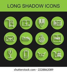 Set line Fragile broken glass symbol, Mobile phone with app delivery tracking, Hand truck and boxes, Cardboard traffic, Electric hand, Cargo ship service, free and  icon. Vector