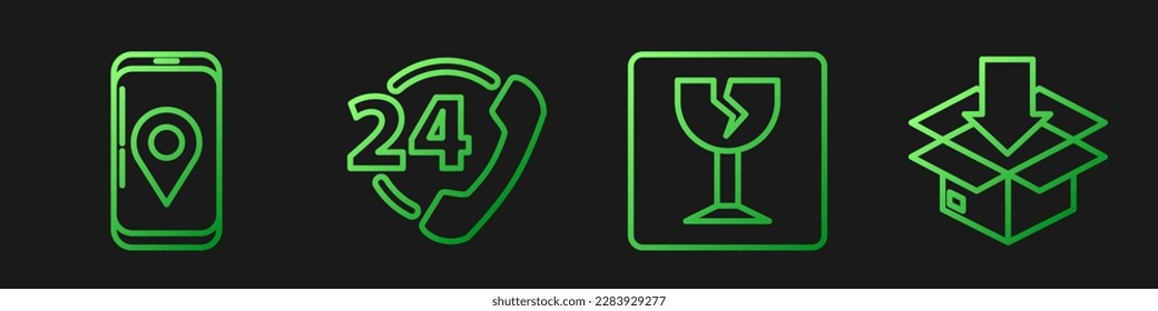 Set line Fragile broken glass, Mobile with app delivery tracking, Telephone 24 hours support and Cardboard box with traffic symbol. Gradient color icons. Vector